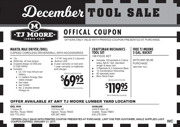 TJ Moore December 2016 Tool Sale Coupon